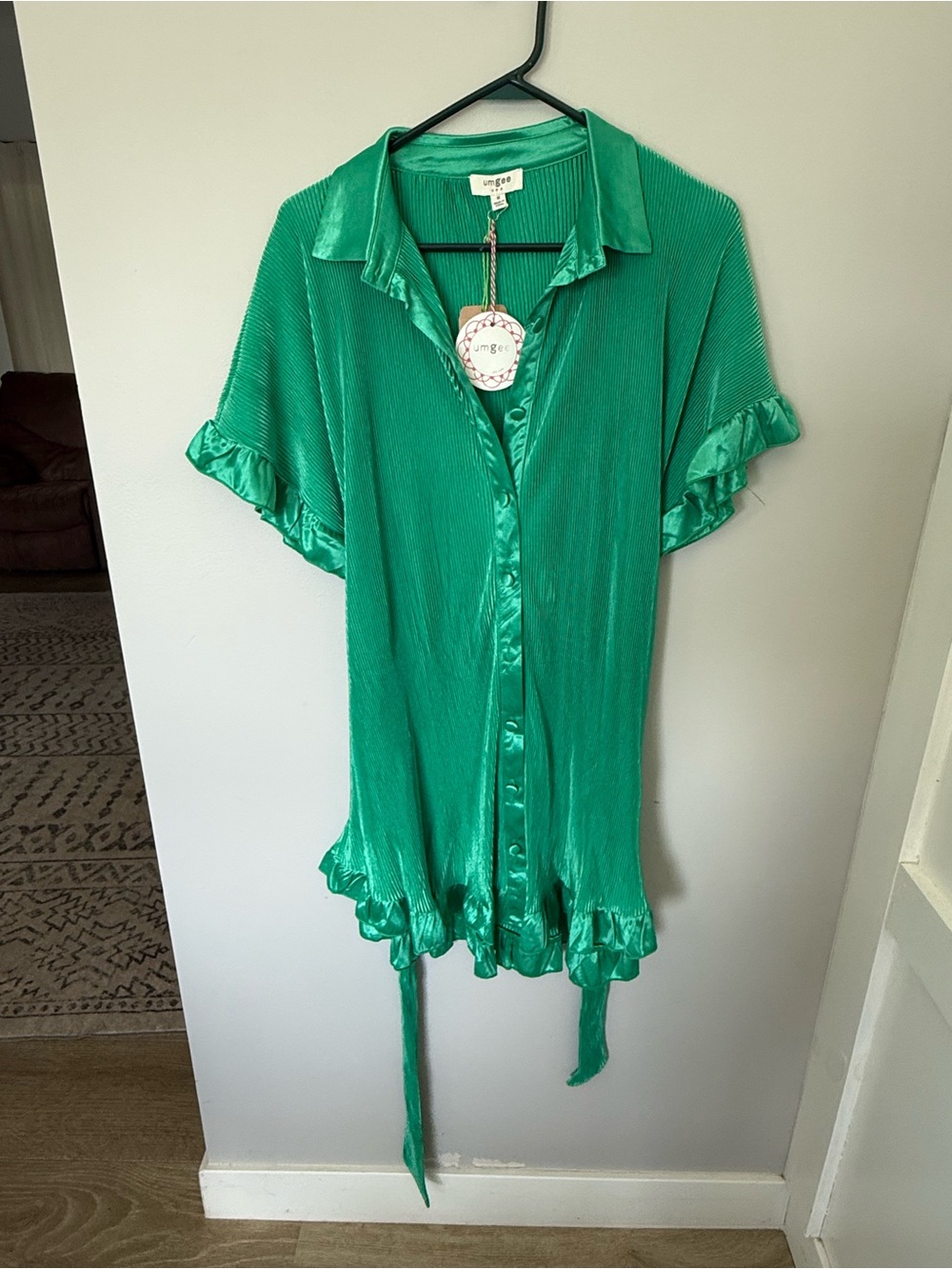 Umgee Emerald Green Satin Pleated Button-Up Top